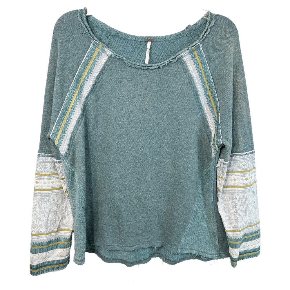 Free People Small Top Mixed Print Raglan Teal Blue Distressed Boho Tribal 1145
